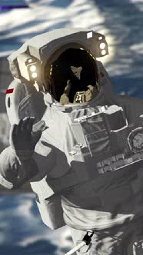 Astronaut Spacewalk, waving his hand in the open space.