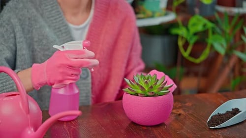 Woman Watering Succulent with Pink Spray Bottle