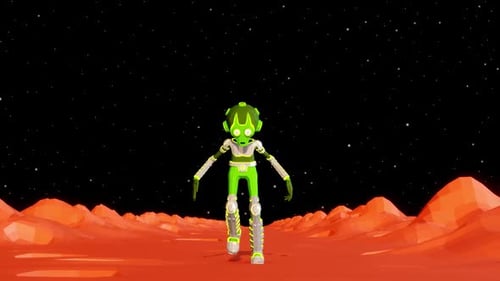 Green alien is walking on the surface of Mars