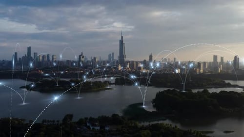 smart Connected city skyline. Futuristic network concept, city Technology