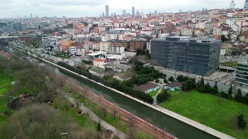 Kagithane Creek and Kagithane Park in Istanbul, sideways drone flight.