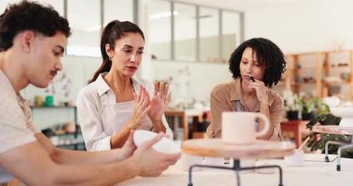Potter, talk and people for pottery course for sculpture design, learning technique