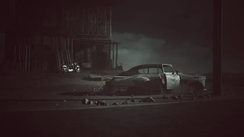 Gritty Desert Scene with Abandoned Truck and Motorcycle