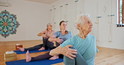 Fitness, yoga and senior women stretching in class for wellness, healthy body and balance on floor