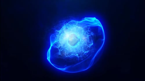 Blue energy sphere with glowing bright particles, atom and elektric magic field