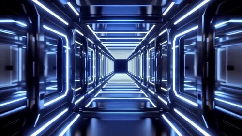 Futuristic Blue Neon SciFi Corridor Tunnel Animation