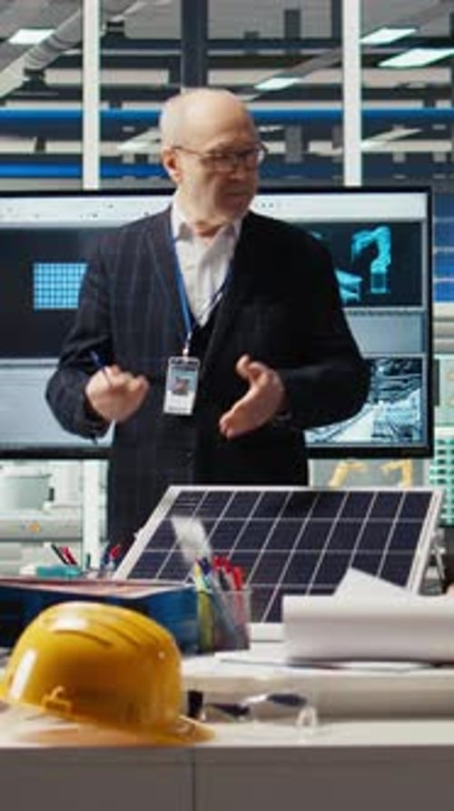 Vertical Video Businessmen in Photovoltaics Factory Doing Financial Investments