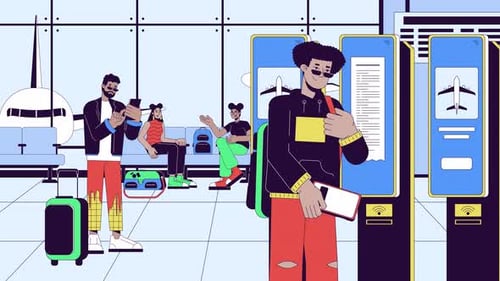 Airport Passenger at Self Check in Kiosk Line Cartoon Animation