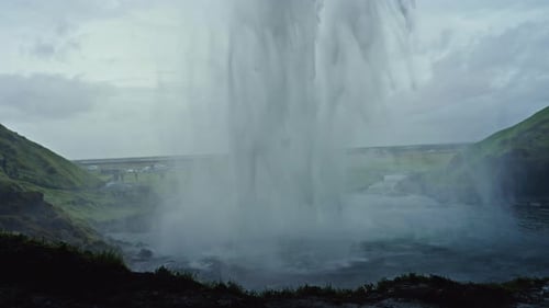 Static close shot of seljalandsfoss waterfall in Iceland. Iconic landmark. Breathtaking water cascad