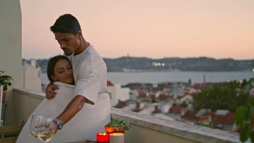 Sensual Girl Embracing Man Terrace Closeup