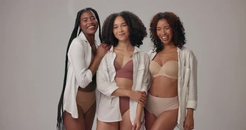 Underwear, diversity and happy women in studio for wellness, beauty and body positivity