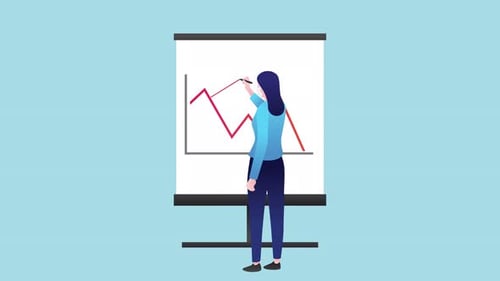 Flat Design Animation of Woman Drawing Data Graph on Flip Chart