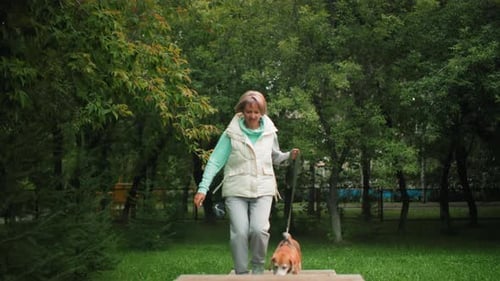 Woman Walking Dog in City Park