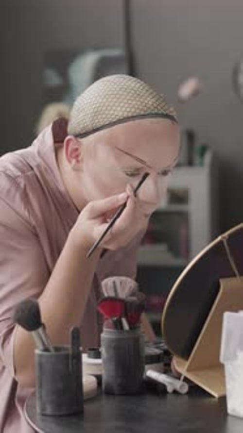 Queer Man Drawing Eyebrows while Getting Ready for Drag Show