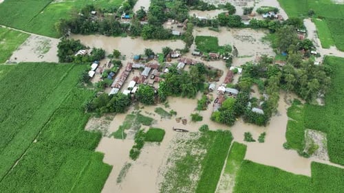 Aerial view of flooded village, Bangladesh.