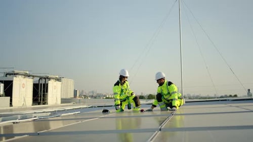 Two professional engineers inspect solar panels on a rooftop at sunset. use tablets for maintenance