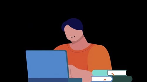 Flat Design Animation of Person Working on Laptop with Books