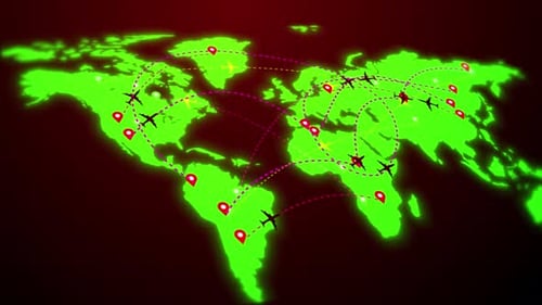 Animated Global Travel Network with World Map and Airplane Routes