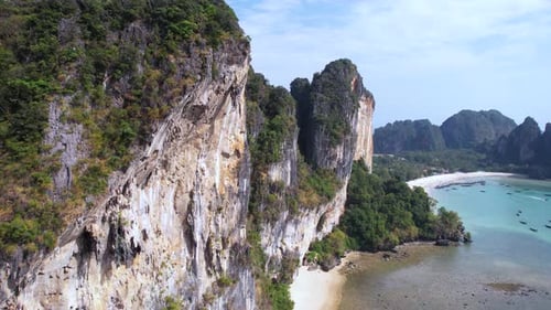 Aerial View of Railay Beach, Krabi Thailand, Scenic Limestone Rocks Above Sandy Shore