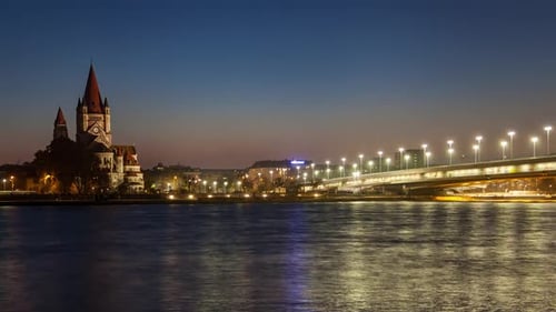 Vienna Riverscape Timelapse with Clear Autumn Evening Sky
