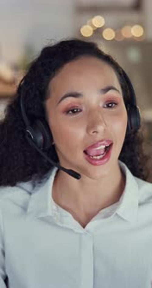 Female person, call center and microphone with talking as technical support