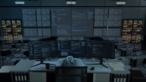 Rückansicht eines müden asiatischen Mannes, der schläft, während er Code mit mehreren Computerbildschirmen im Büro schreibt