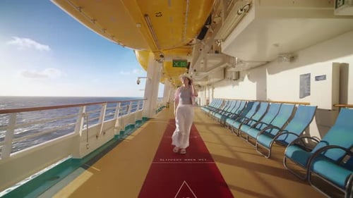 Woman Walking on Sunny Cruise Ship Deck