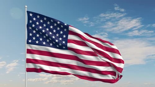 Realistic American Flag Waving on Flagpole against Cloudy Sky