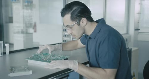 Mann inspiziert detaillierte Elektronisch Schaltung