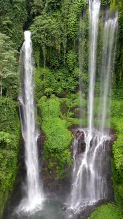 Drone View of Sekumpul Waterfall Surrounded By Tropical Jungle in Bali Indonesia