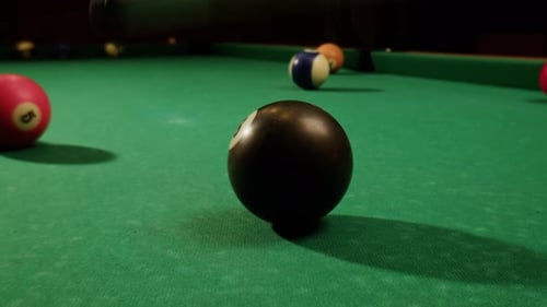 Young Man Playing American Billiard Pool Poule Closeup Colorful Balls on Green Billiards Table