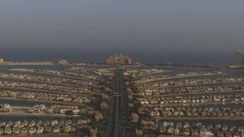Aerial view of Palm Jumeirah at twilight, Dubai, United Arab Emirates.