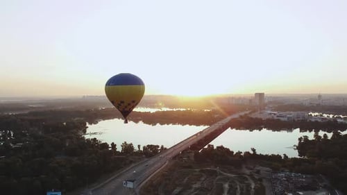 Hot Air Balloon Over Kiev View River Dnipro in the Sunrise Beautiful Panorama of the City Air