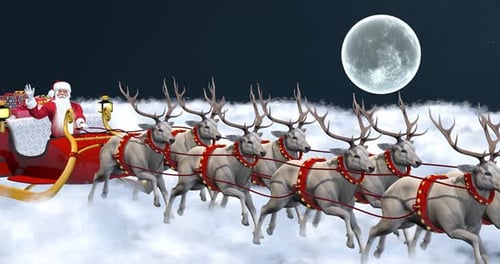 Christmas Eve Santa Claus Sleigh with Reindeer Flying Through Clouds