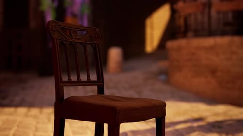 Ornate Antique Wooden Chair Animation on Cobblestone