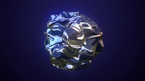 Blue metallic striped ball sphere molten fluid iridescent shiny beautiful glowing on a dark blue