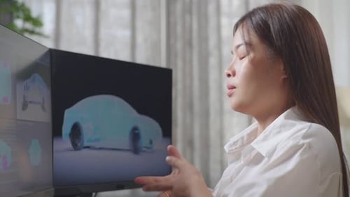 Close Up Of Asian Female Designer Stretching While Working On 3D Model Of Ev Car On Computer