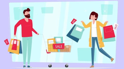 Man with a grocery basket and a woman with the packages