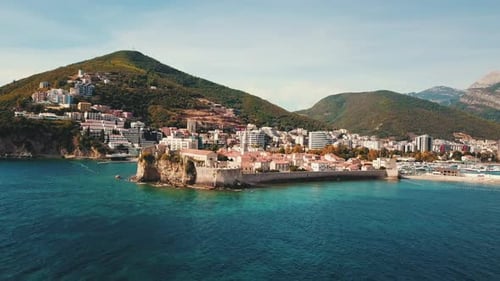Montenegro Budva old town sea aerial drone landscape