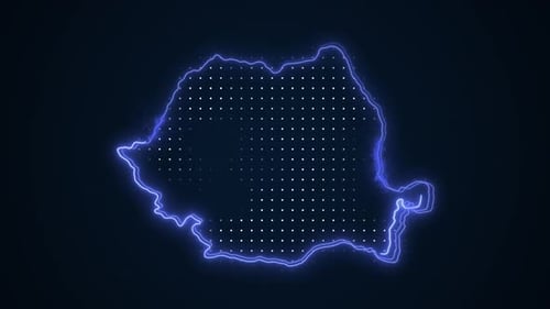 Romania Map Electric Neon Outline with Digital Grid Animation