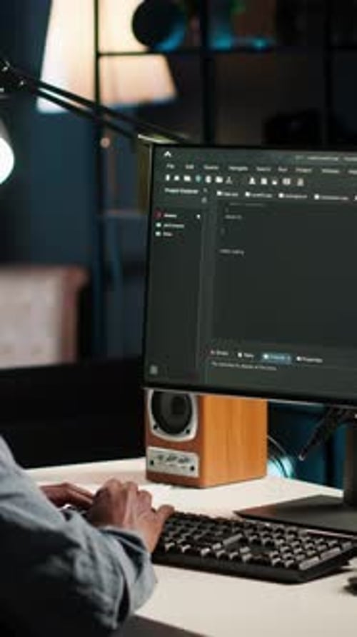 Программист Vertical Video Black Man управляет кодом и скриптами в искусственном интеллекте