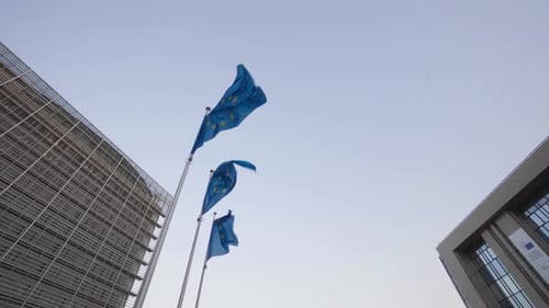 European Flags Waving in the Wind in City