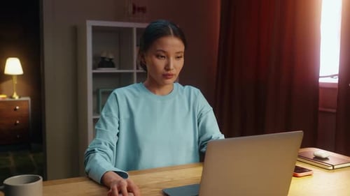 Woman Worker Remote Work Home Asian Girl Take Break Finished End Task Went Rest