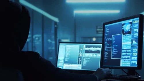 Silhouetted Hacker Working on Computers at Night