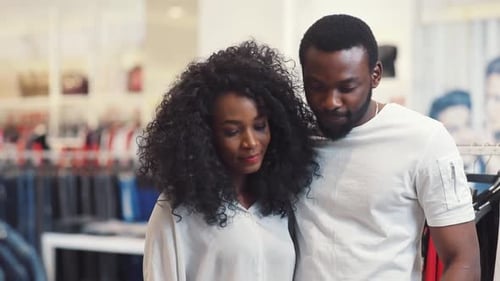 Portrait Happy African American Couple Choosing Clothes at Clothing Store Smiling Family Woman