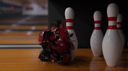 Bowlingkugel rast auf Kegel zu, perfekter Schlag in einer dynamischen Action-Szene