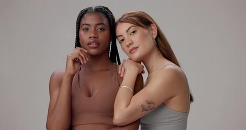 Underwear, beauty and face of women in studio for wellness, health and body positivity