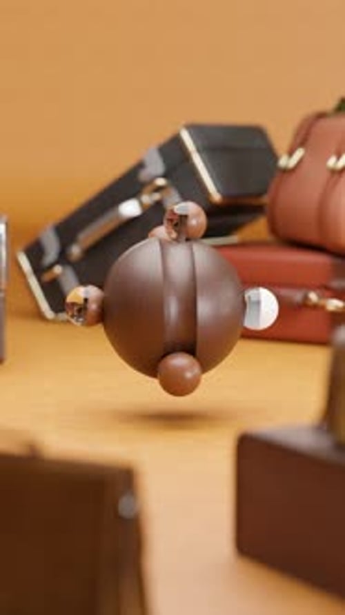 3D Rendering of Small Marble Balls Rolling on Wooden Sphere in Loop