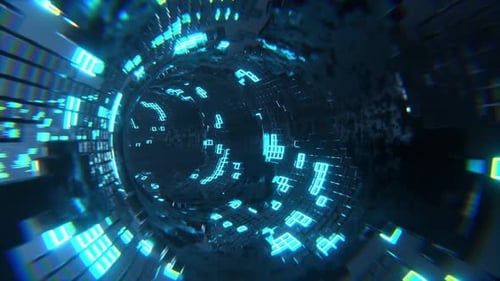 Cyan Sci Fi Torus Tunnel Elements Neon Grid Background VJ Loop l 4K