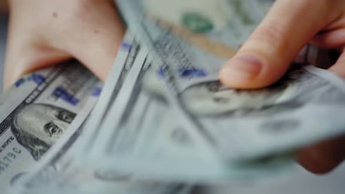 Weiblicher handbekleideter Mann zählt US-Dollar-Scheine Nahaufnahme
